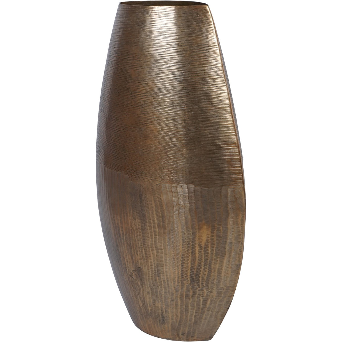 Side view of the antique brass-coloured vase showing its slim profile and gently tapered base.