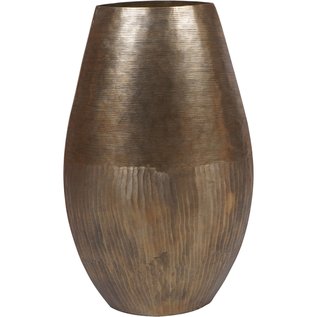 Front view of the oval vase, showing its broad curved body, horizontal upper scoring and vertical bands below.