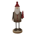 Front view of the Buttoned Treecarrier Santa Decoration, with a red pointed hat, white beard, three red buttons and long dark legs on a round base.