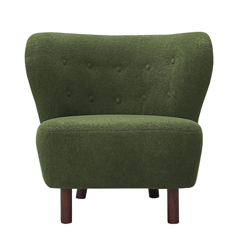 Front view of a green bouclé armless chair with a buttoned wingback, rounded seat and brown wooden legs.