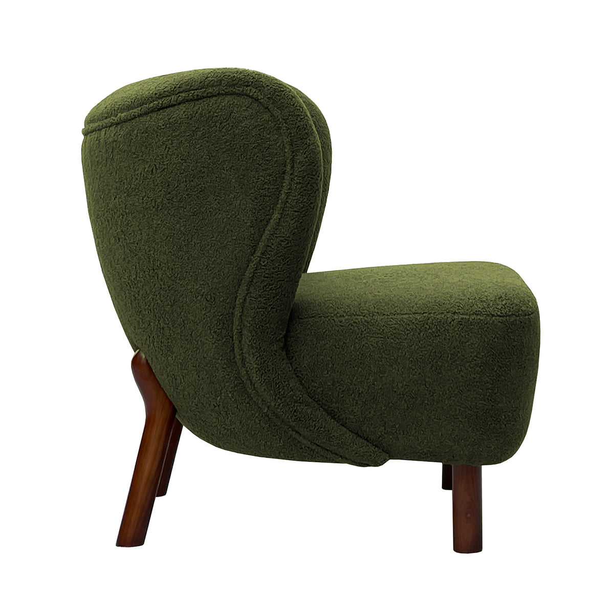 Side view of the green bouclé chair showing the curved back, piped upholstery and angled wooden rear leg.