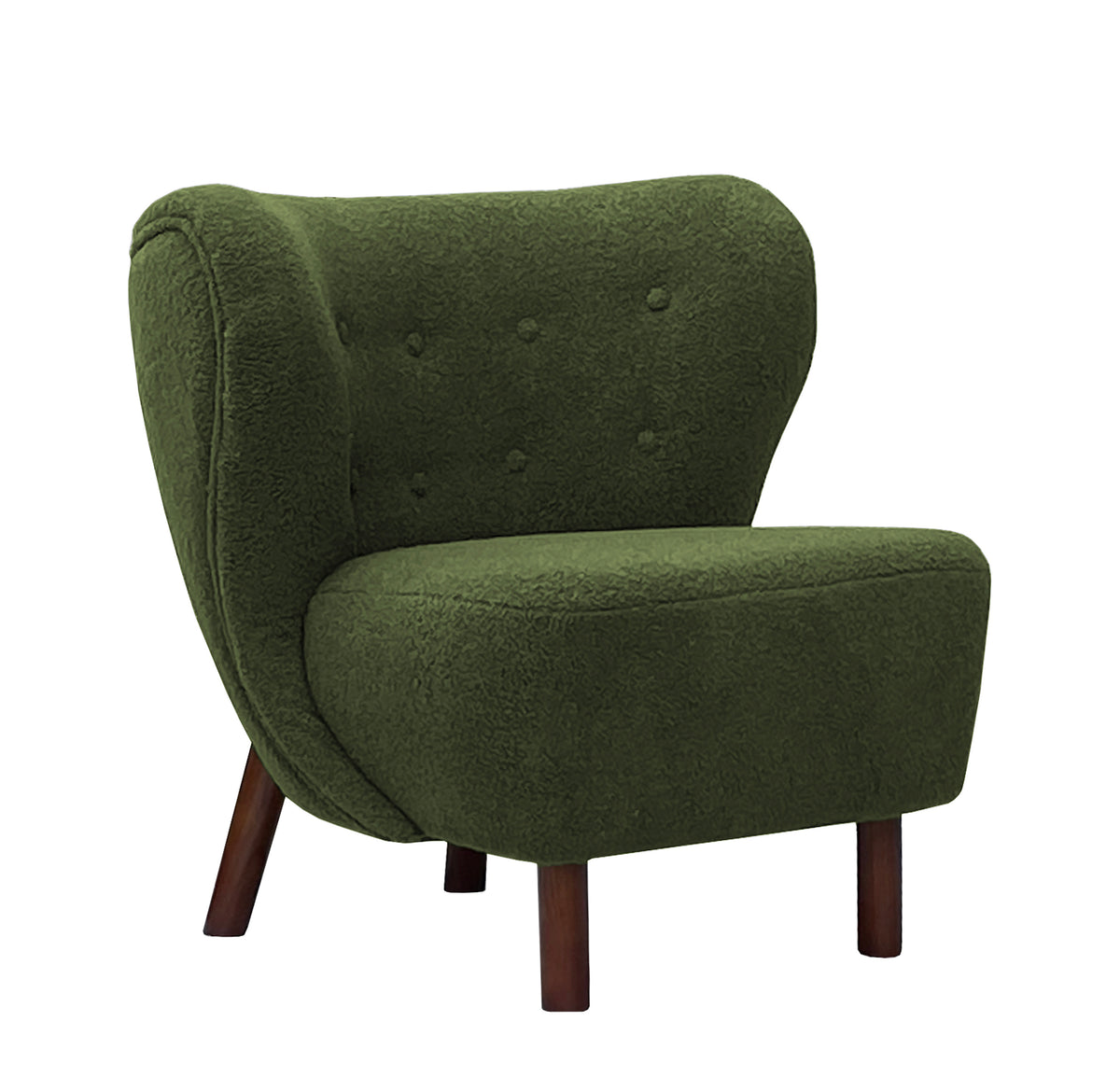 Front three-quarter view of the green chair showing its buttoned back, winged sides and rounded armless seat.