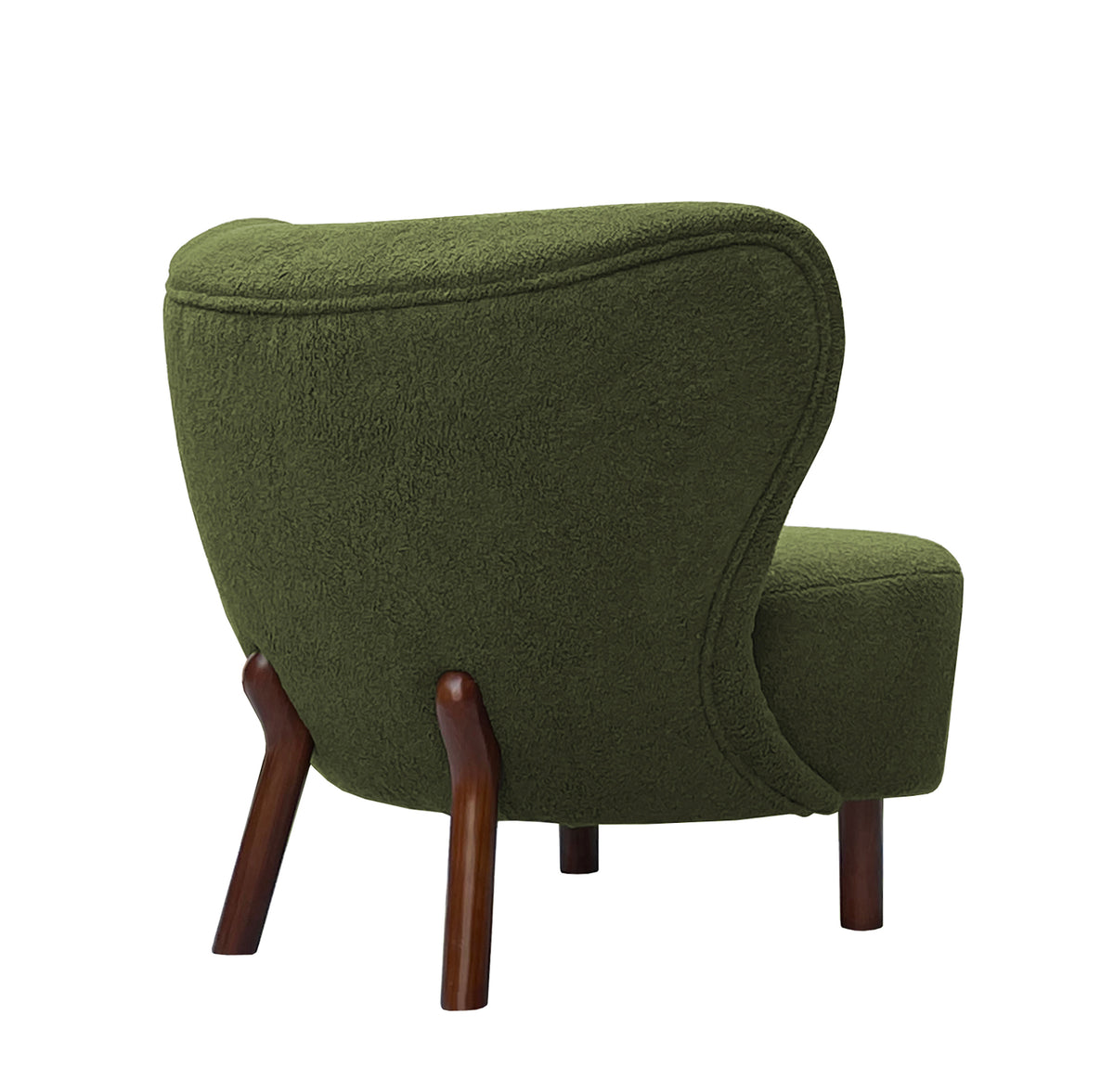 Rear three-quarter view of the green bouclé chair with piping around the back and wooden legs extending up its rear.