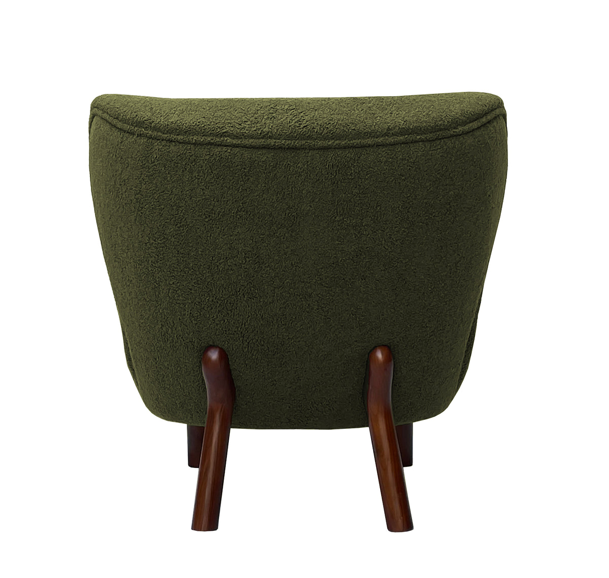 Straight rear view of the chair showing its broad upholstered back, curved piping and two splayed brown wooden rear legs.