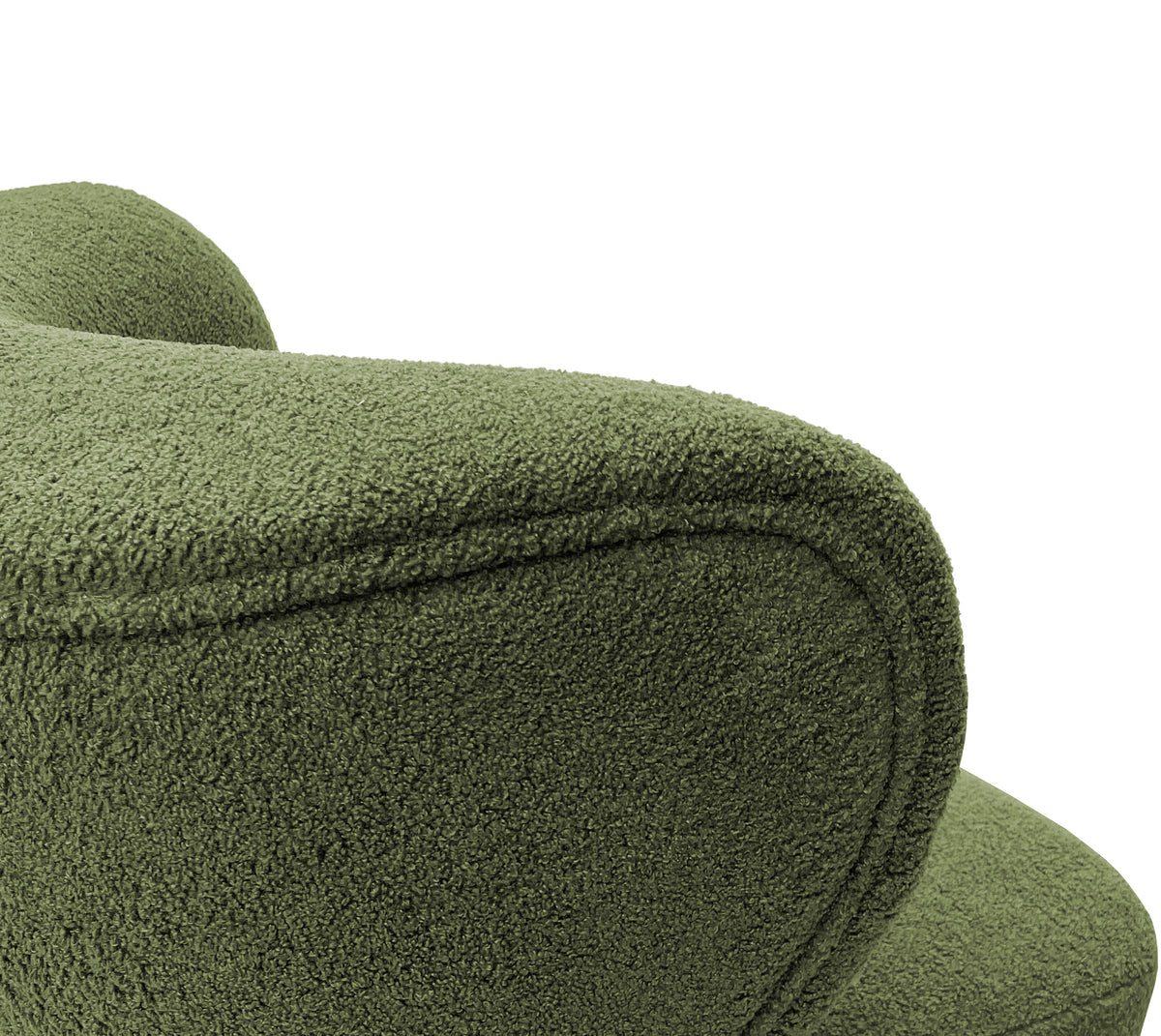 Close-up of the green bouclé chair back showing the looped fabric texture and piping around its rounded edge.