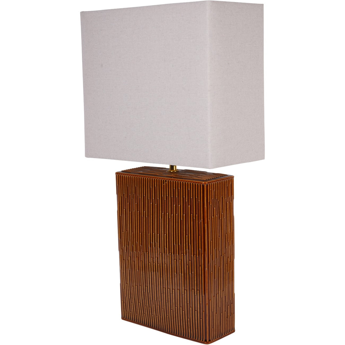Three-quarter view of the Cadence table lamp with a ridged brown rectangular base and broad off-white shade.