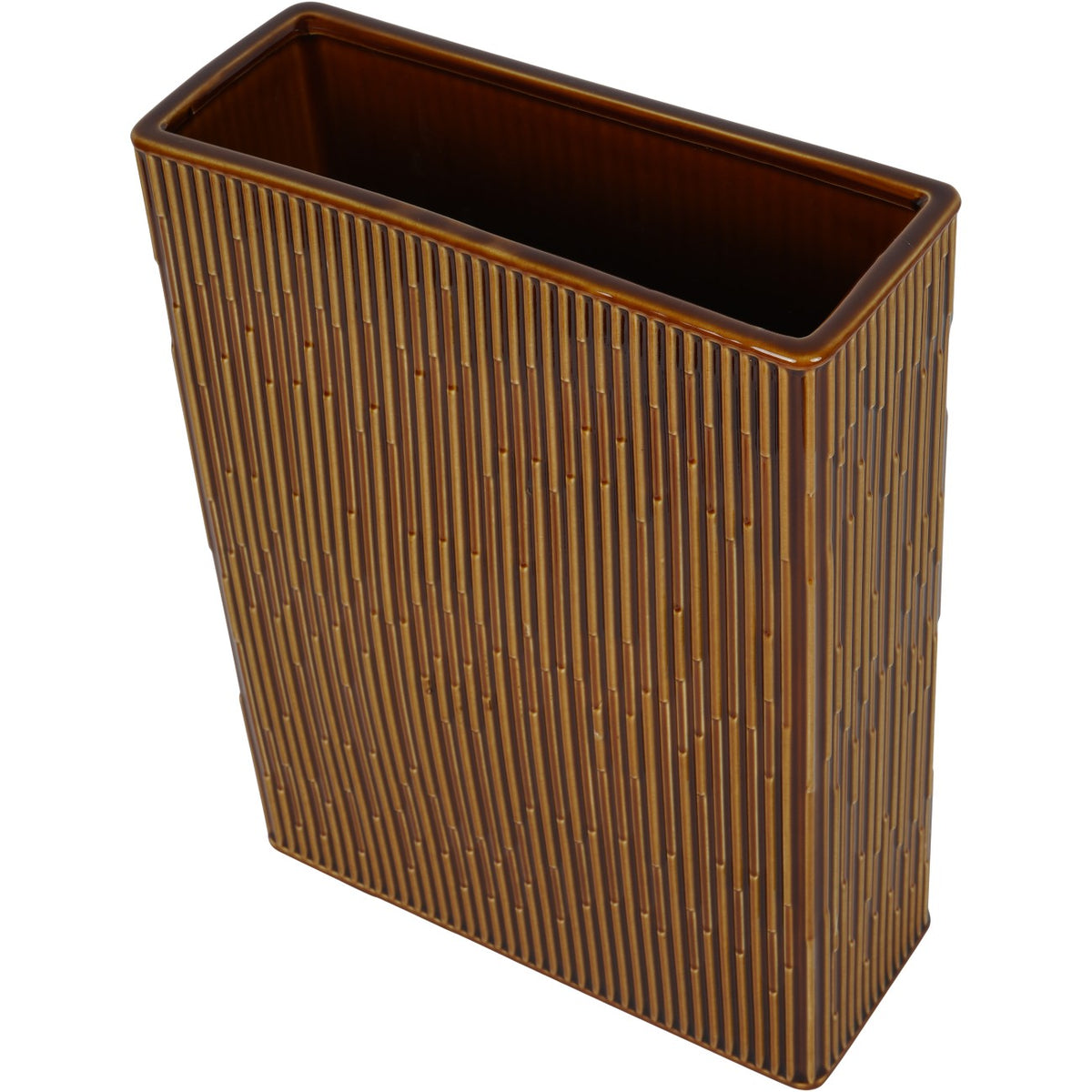 Elevated view of the Cadence vase showing its elongated opening, glazed interior and rounded rectangular rim.