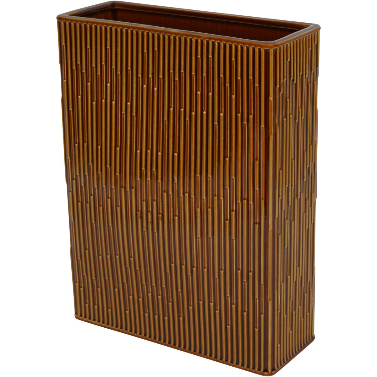 Cadence rectangular vase viewed at an angle, showing glossy brown and amber ribbing across the front and short side.
