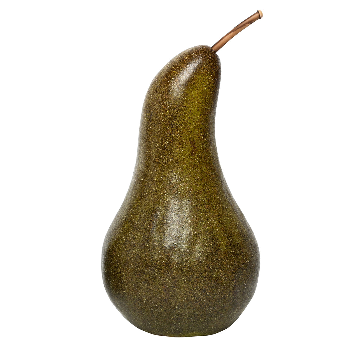 Cairn pear ornament with a rounded base, curved neck and long brown stem angled to the right on a white background.