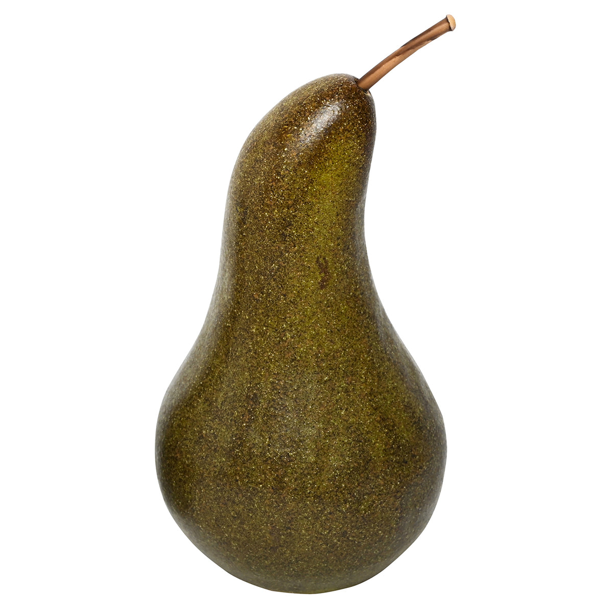 Alternate view of the olive-green and brown pear ornament showing its full rounded body and glossy speckled surface.