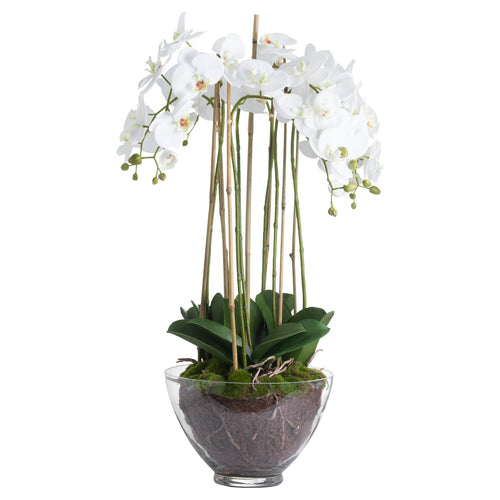 Full artificial flower arrangement against white, with arching white blooms, upright tan canes and broad green leaves above a clear rounded pot.