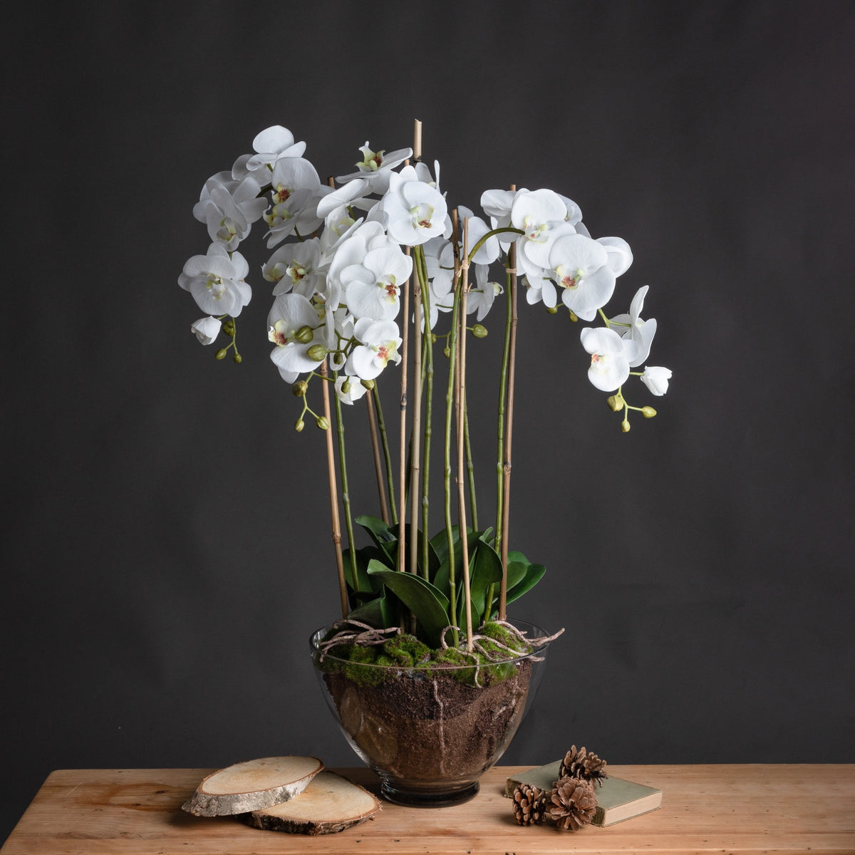 White artificial flower arrangement in a clear pot on a wooden table against a dark wall, styled beside wood slices, a book and pine cones.