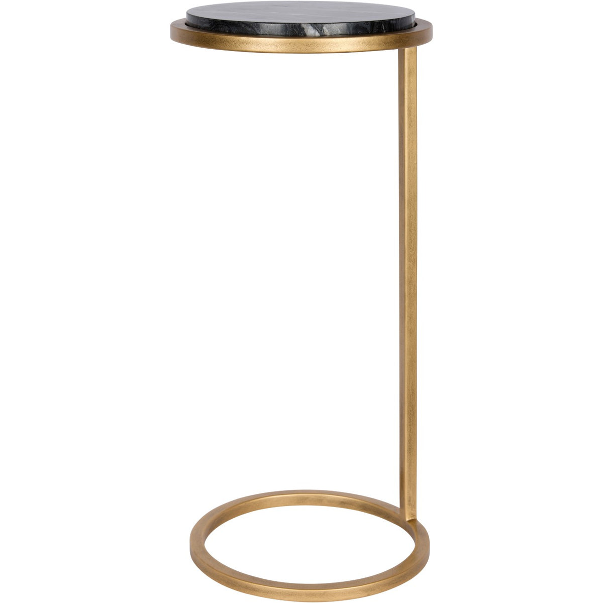 Front view showing the accent table's C-shaped gold frame and raised black marble top.