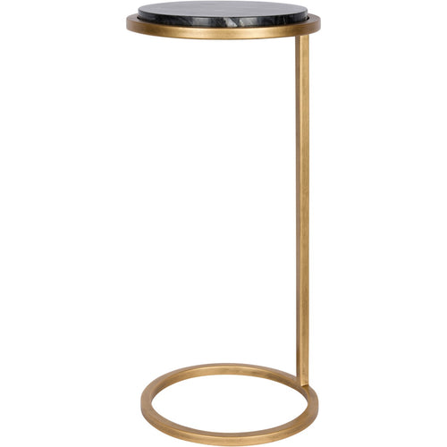 Front view showing the accent table's C-shaped gold frame and raised black marble top.