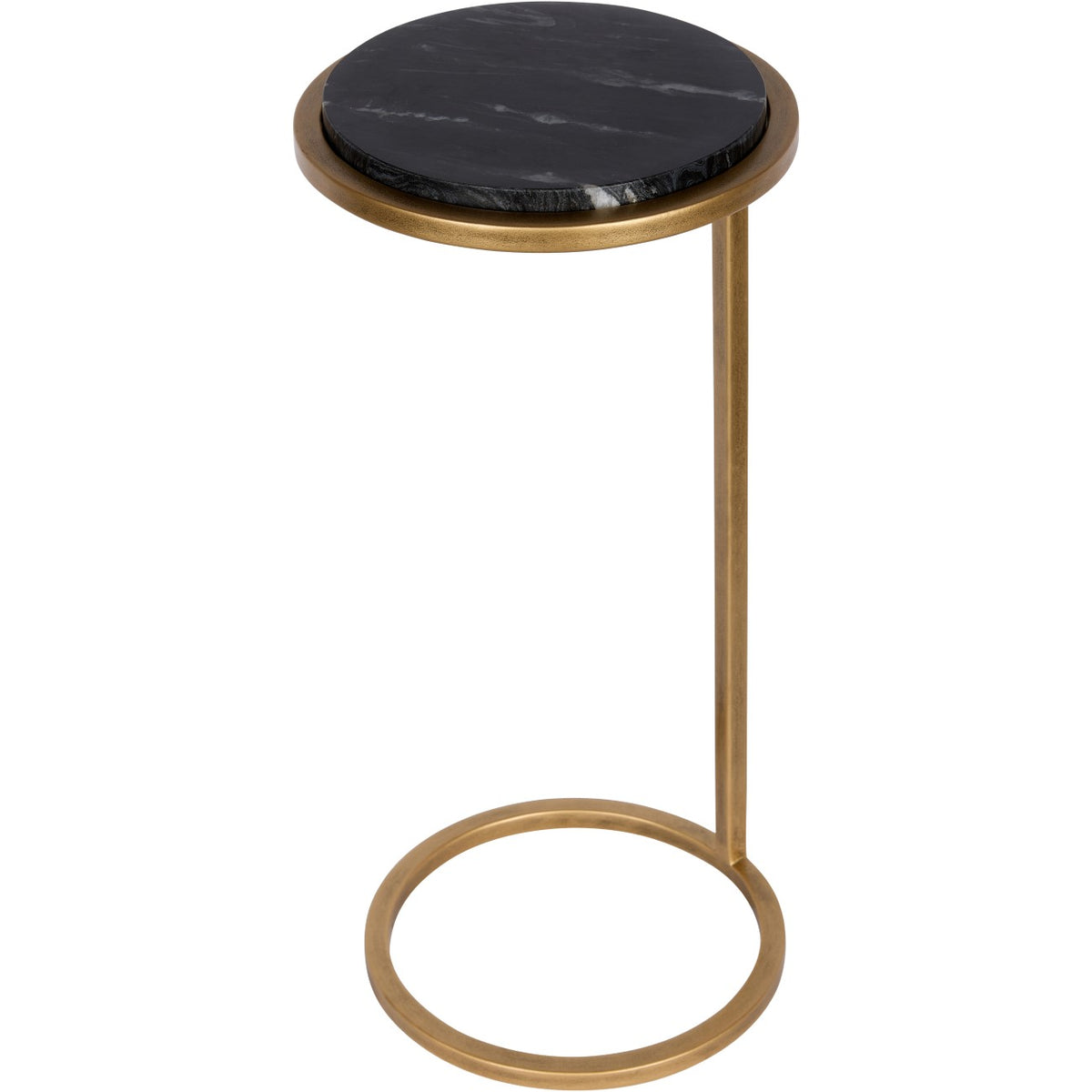Angled view of the black marble accent table with a gold rim, slim side upright and open circular foot.