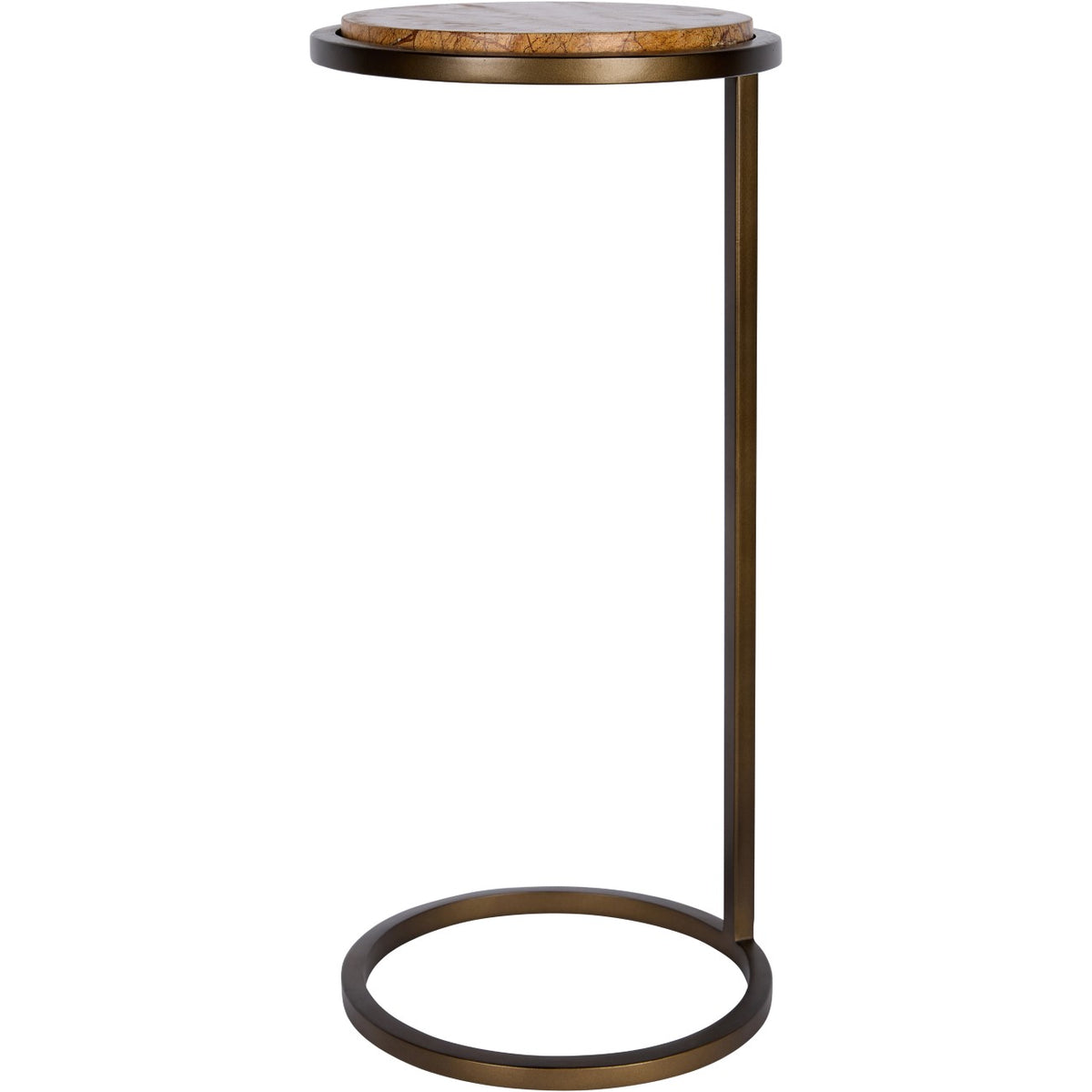 Side view showing the table’s slim upright and round marble top raised above the dark metal tray.
