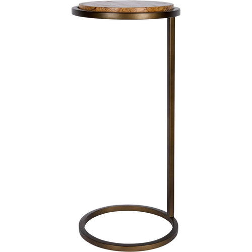 Side view showing the table’s slim upright and round marble top raised above the dark metal tray.