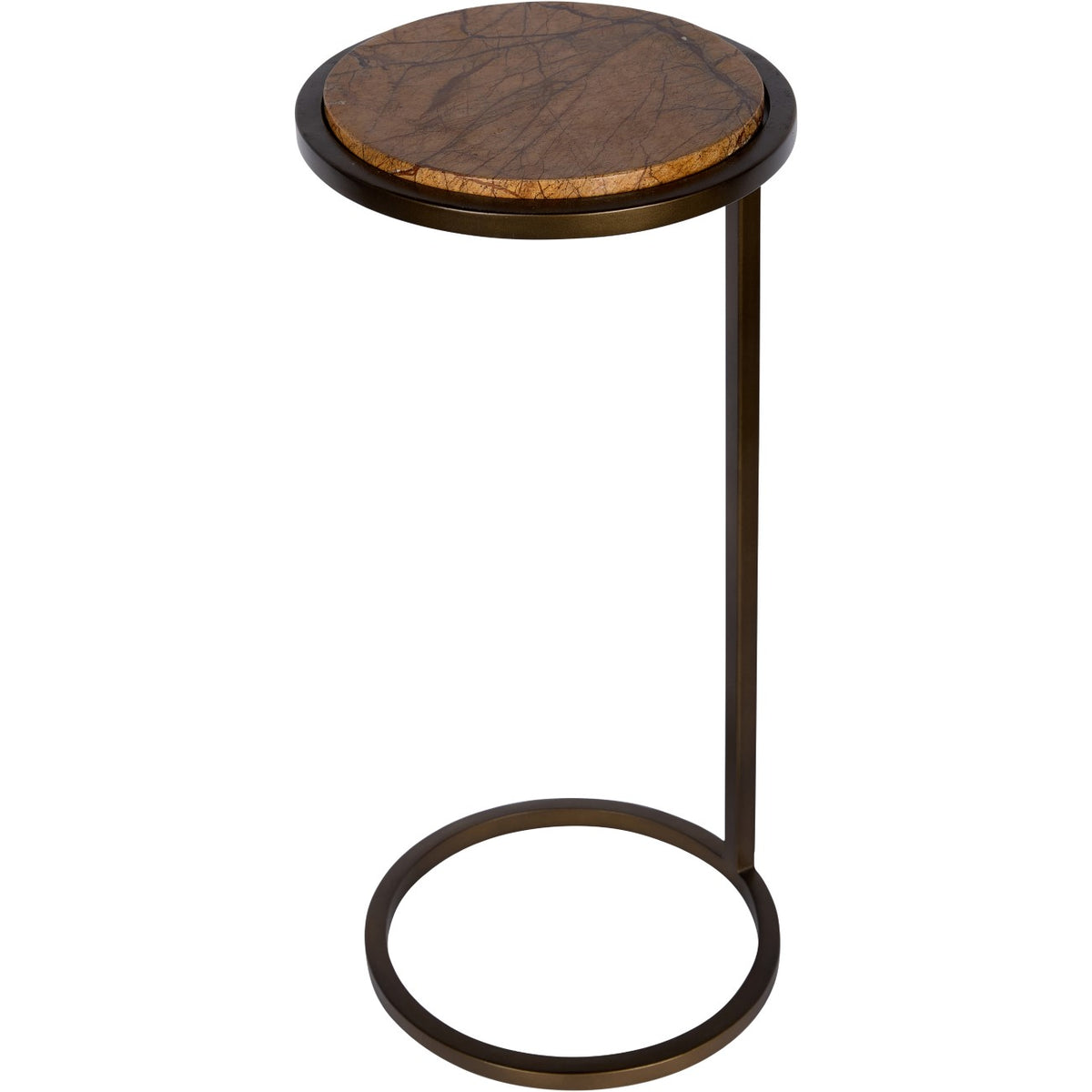 Three-quarter view of the brown marble accent table with a smoked gold frame, single side upright and open circular foot.