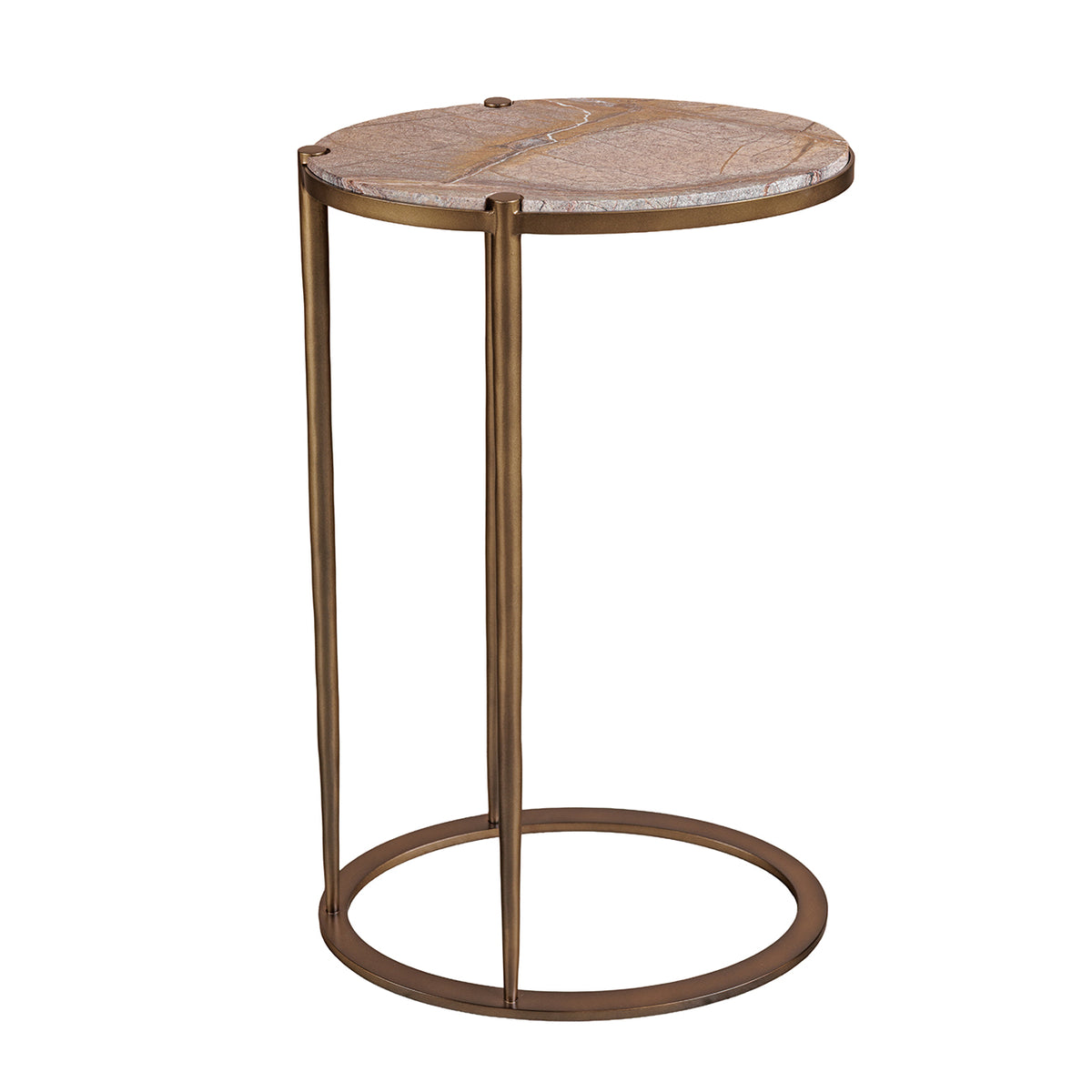 Oval accent table with a brown veined marble top, slender smoked gold uprights and an open oval ring base.