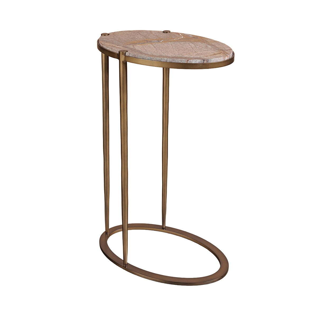 Angled view of the accent table showing the projecting oval marble top and three slim uprights joining the ring base.