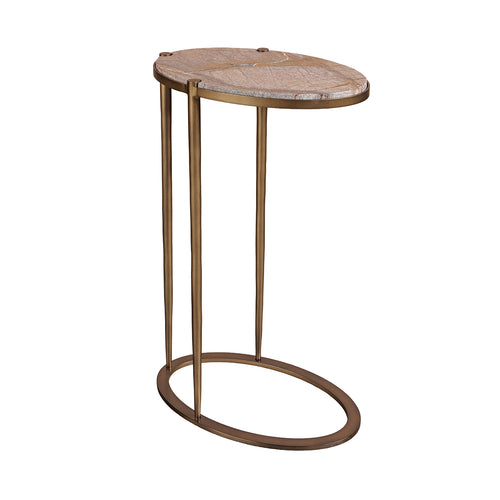 Angled view of the accent table showing the projecting oval marble top and three slim uprights joining the ring base.