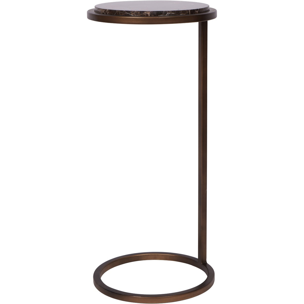 Low frontal view of the accent table showing its slim marble top and C-shaped profile.