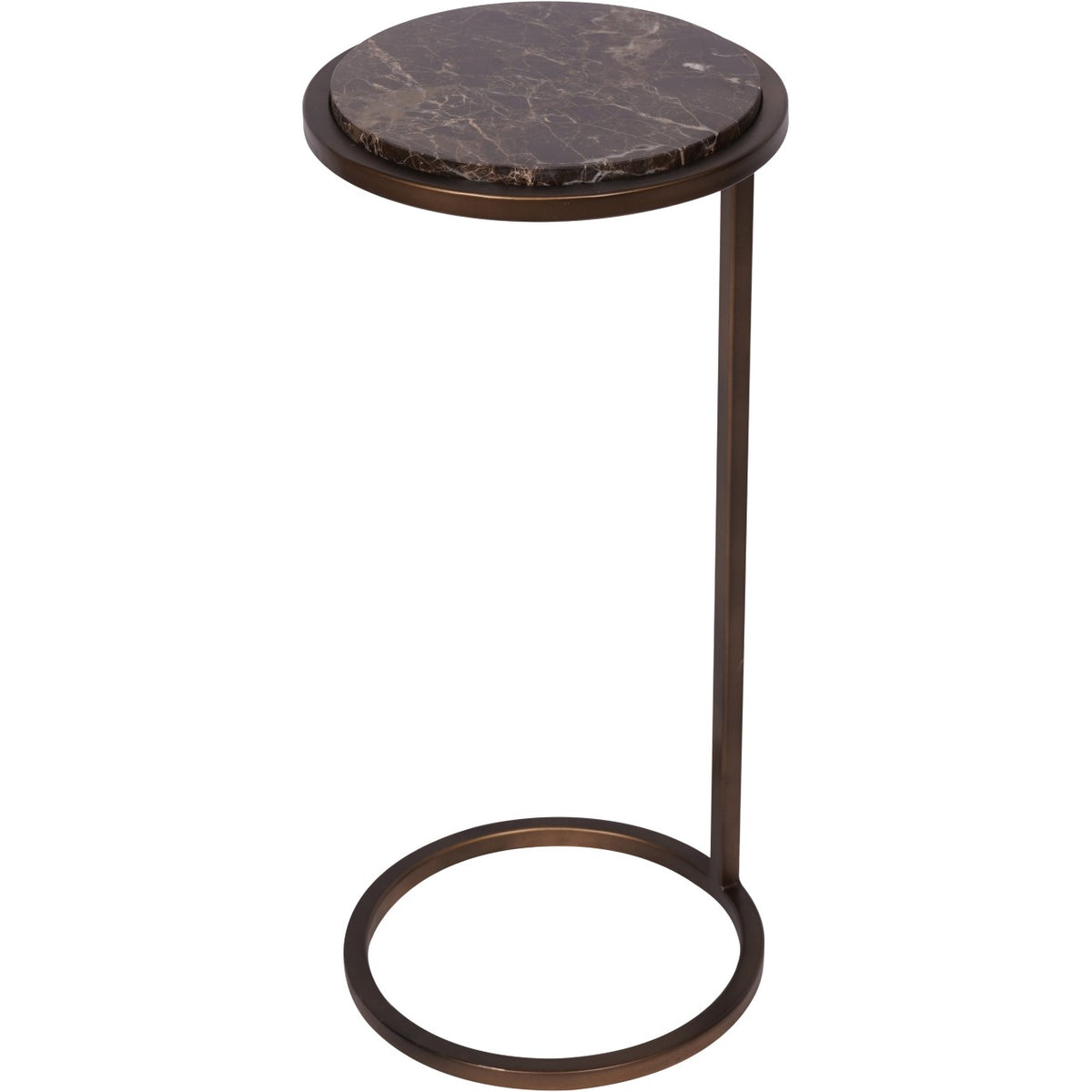 Three-quarter view of the brown marble accent table with a single side upright and open circular metal base.