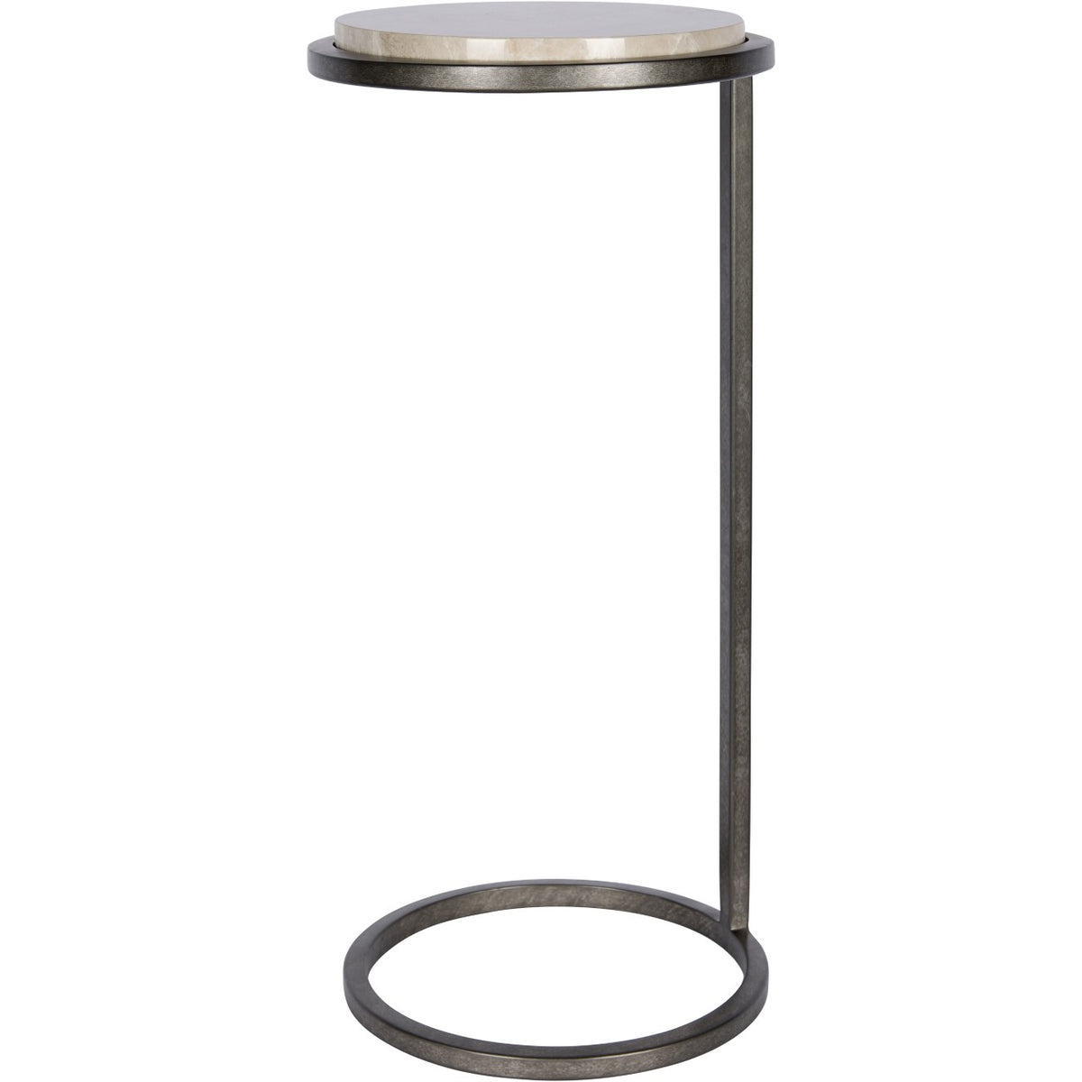 Front view showing the marble top's thick edge and the slim upright joining the metal border to the ring foot.