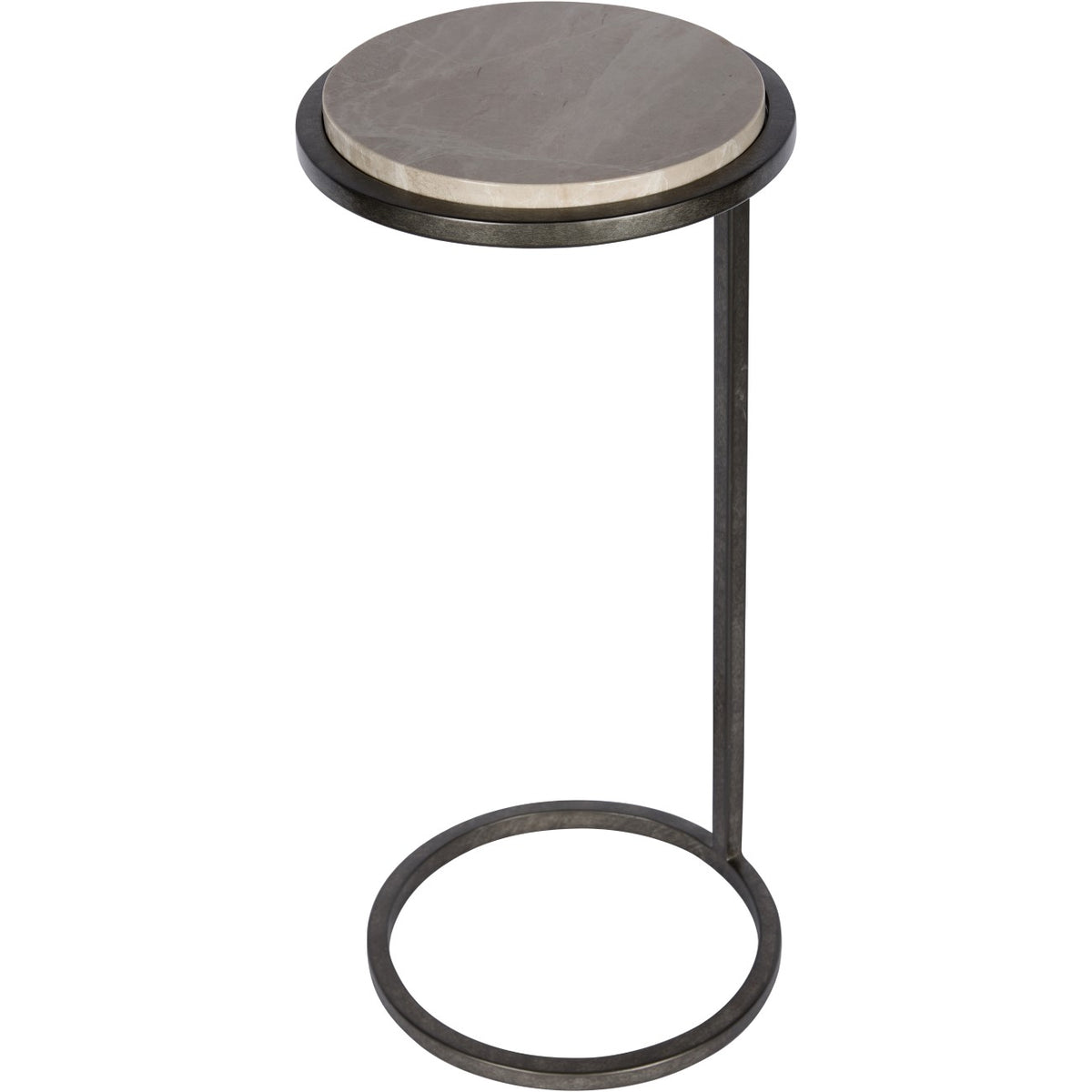 Angled view of the grey marble accent table with a dark aged silver frame, offset upright and open circular foot.