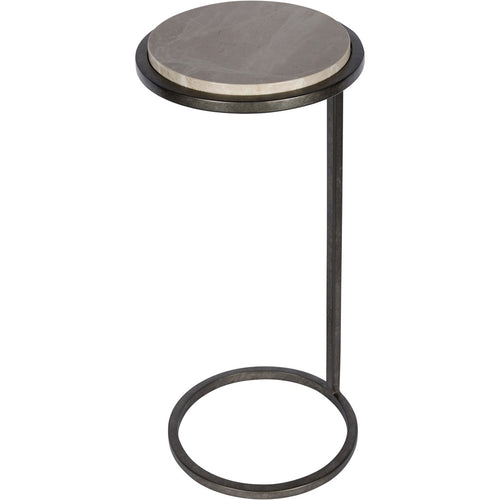 Angled view of the grey marble accent table with a dark aged silver frame, offset upright and open circular foot.