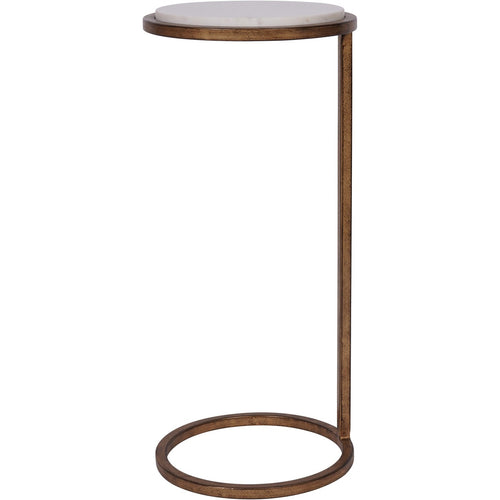 Side view showing the accent table's slender C-shaped profile and marble top raised above the metal surround.