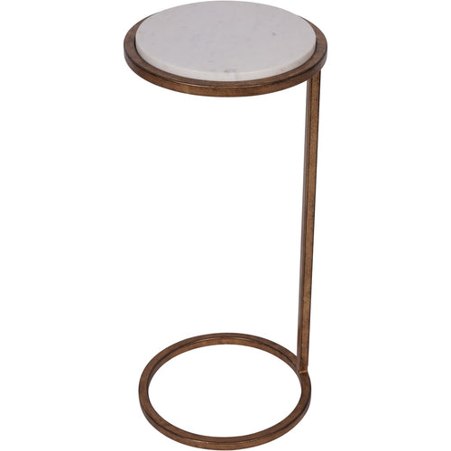 Angled view of the white marble accent table with a smoked-gold rim, single side upright and open circular base.