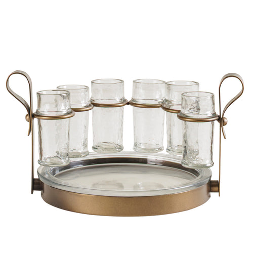Cantina shot set with six clear glasses suspended in a smoked gold frame above a round tray, with loop handles on either side.