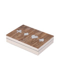 Closed rectangular card storage box with white sides and a wood lid inlaid with four white playing-card suits.