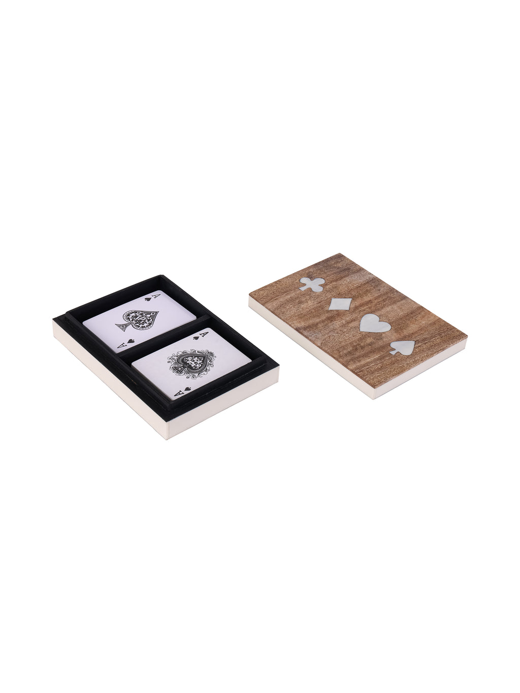 Open card storage box showing two black interior compartments holding playing cards, with the suit-decorated wood lid beside it.