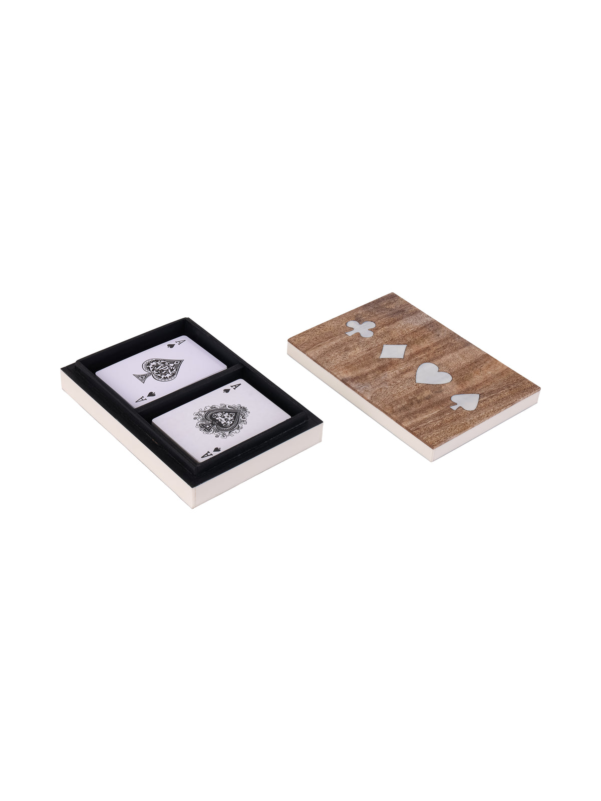 Open card storage box showing two black interior compartments holding playing cards, with the suit-decorated wood lid beside it.