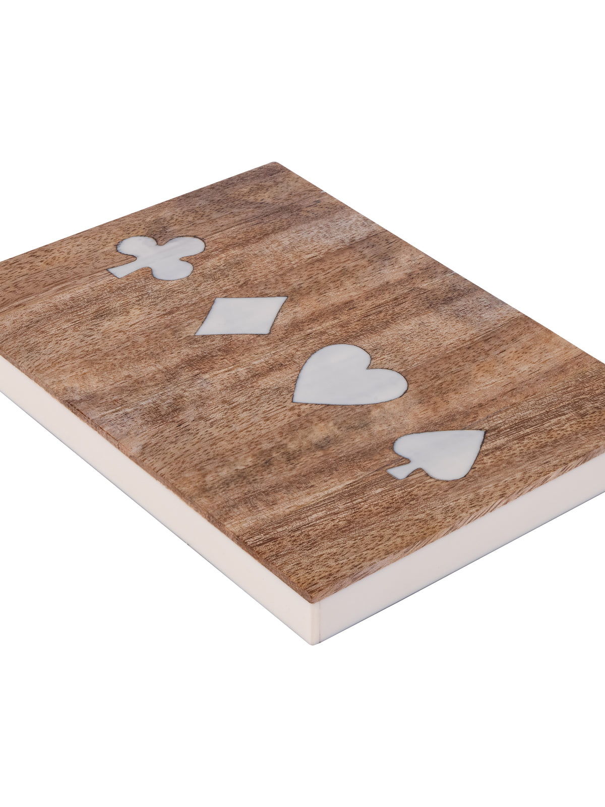 Close view of the wood lid's grain and white club, diamond, heart and spade inlays.