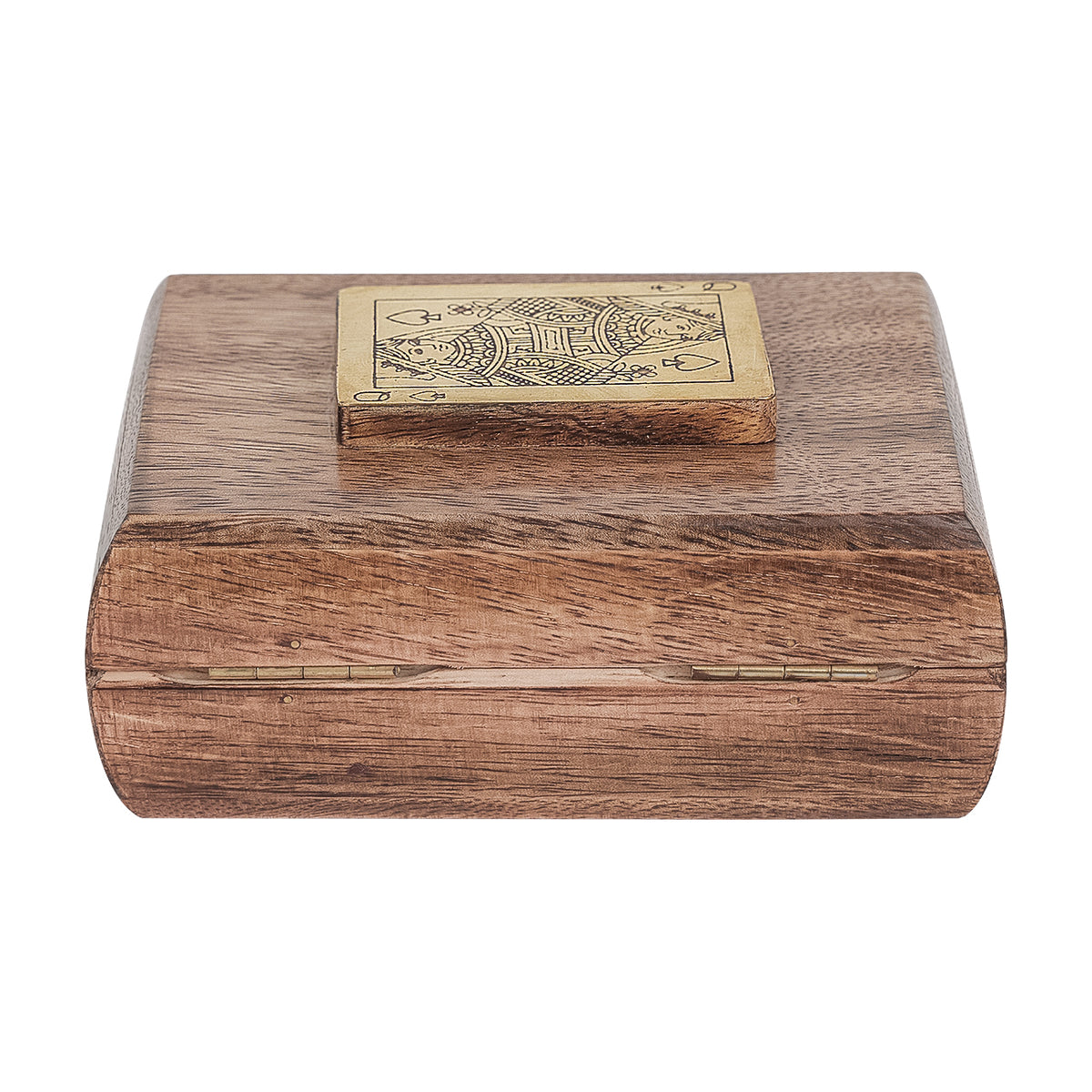 Rear view of the closed wooden card box, showing two small hinges beneath the lid and the brass playing-card decoration.