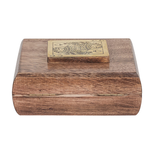 Rear view of the closed wooden card box, showing two small hinges beneath the lid and the brass playing-card decoration.
