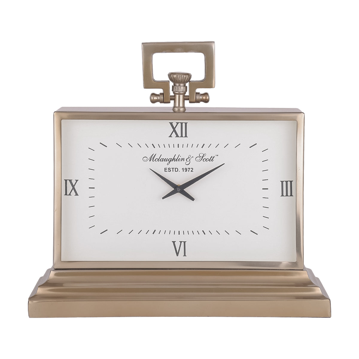 Front view of the gold carriage table clock with a white dial, black hands, Roman numerals and stepped plinth.