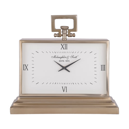Front view of the gold carriage table clock with a white dial, black hands, Roman numerals and stepped plinth.