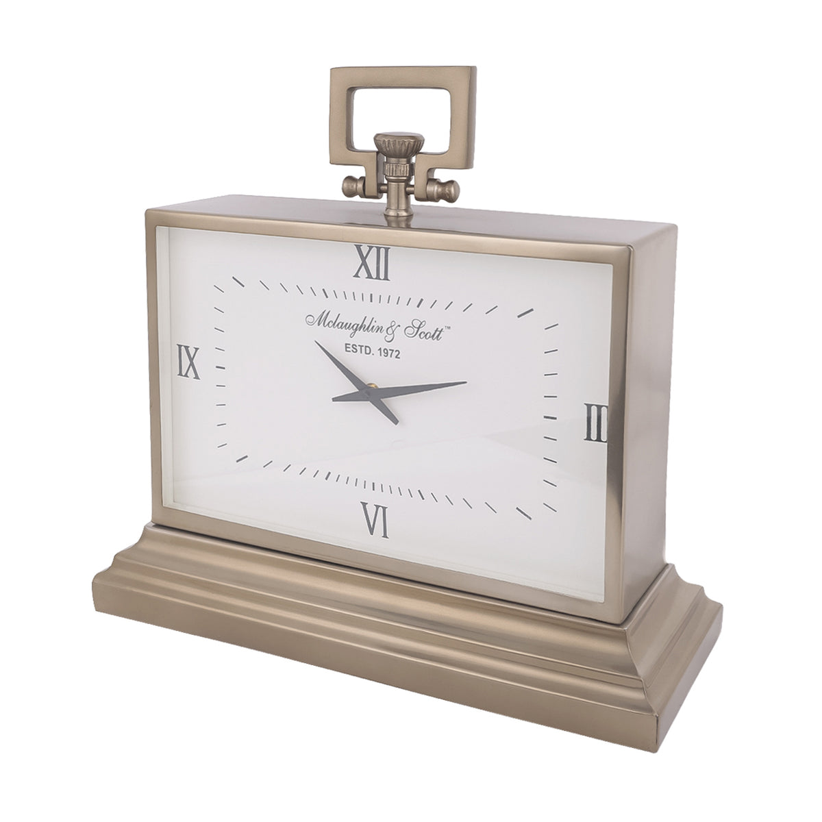 Angled view showing the clock's rectangular case, deep gold sides, square top handle and stepped base.