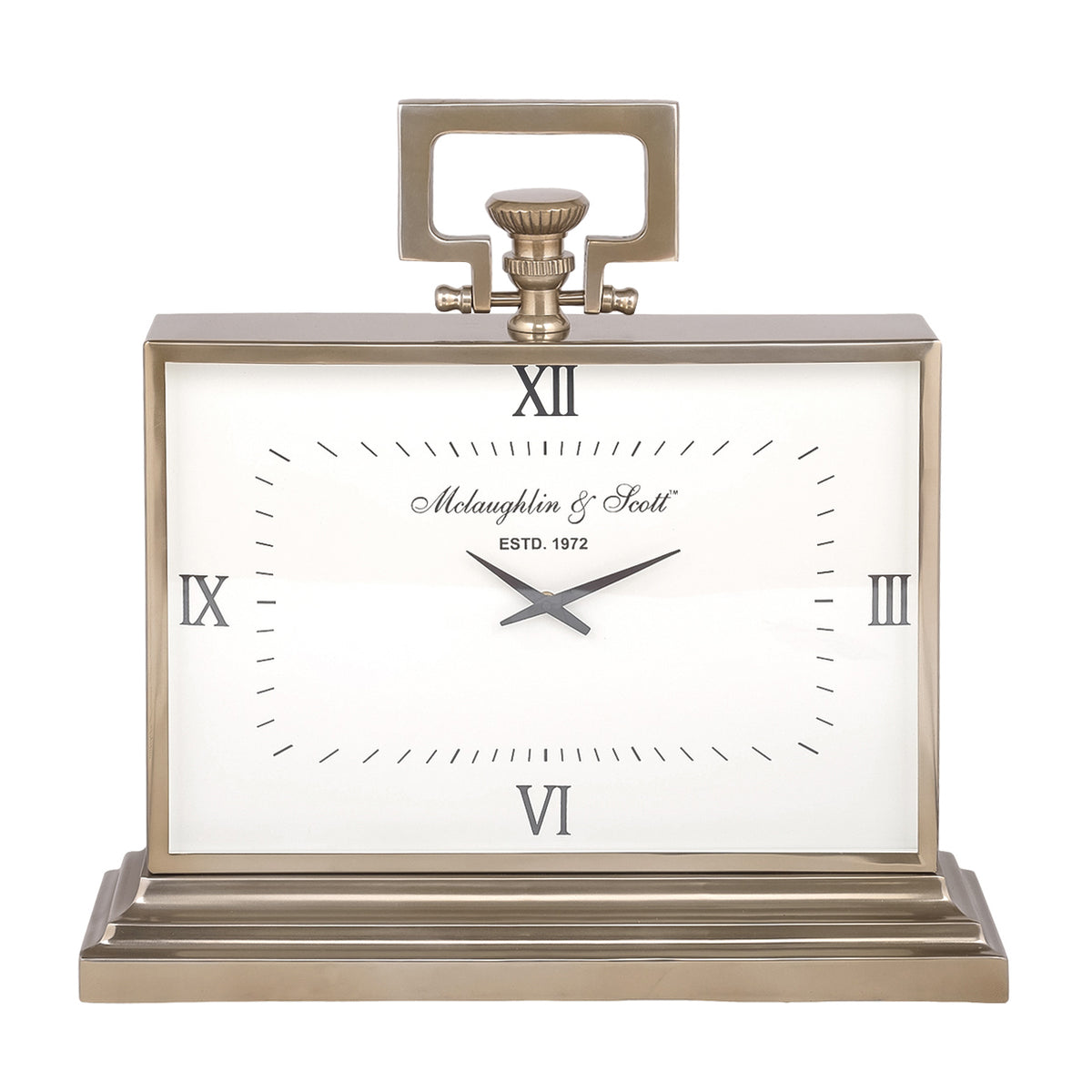 Front view of the large brass-finish carriage clock with a white rectangular dial, black Roman numerals and stepped base.