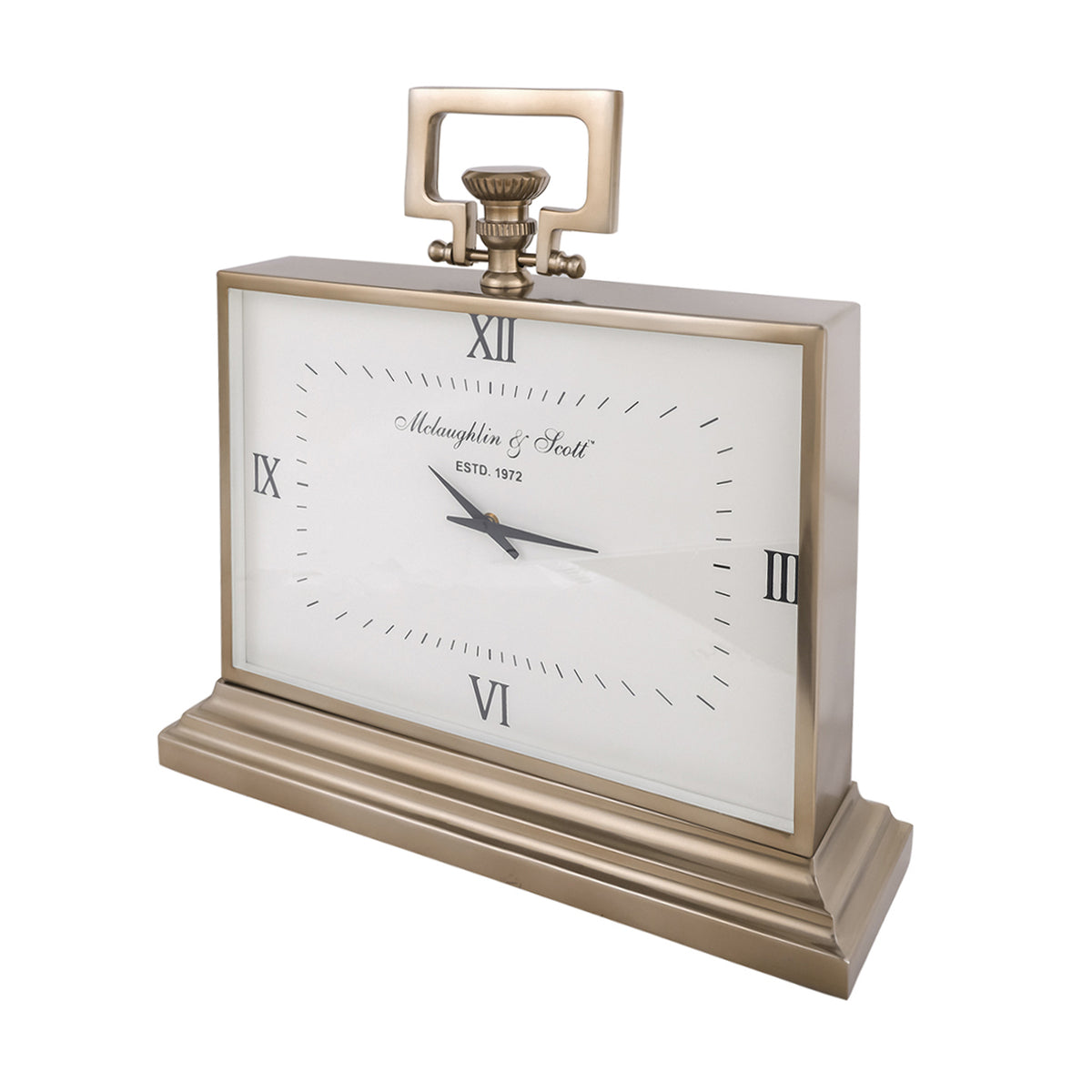 Angled view of the carriage clock showing the depth of the case, glass-covered dial and rectangular top handle.