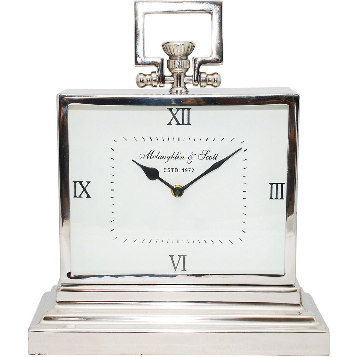 Front view of a silver-coloured carriage clock with a white dial, black Roman numerals, square open handle and stepped base on a white background.