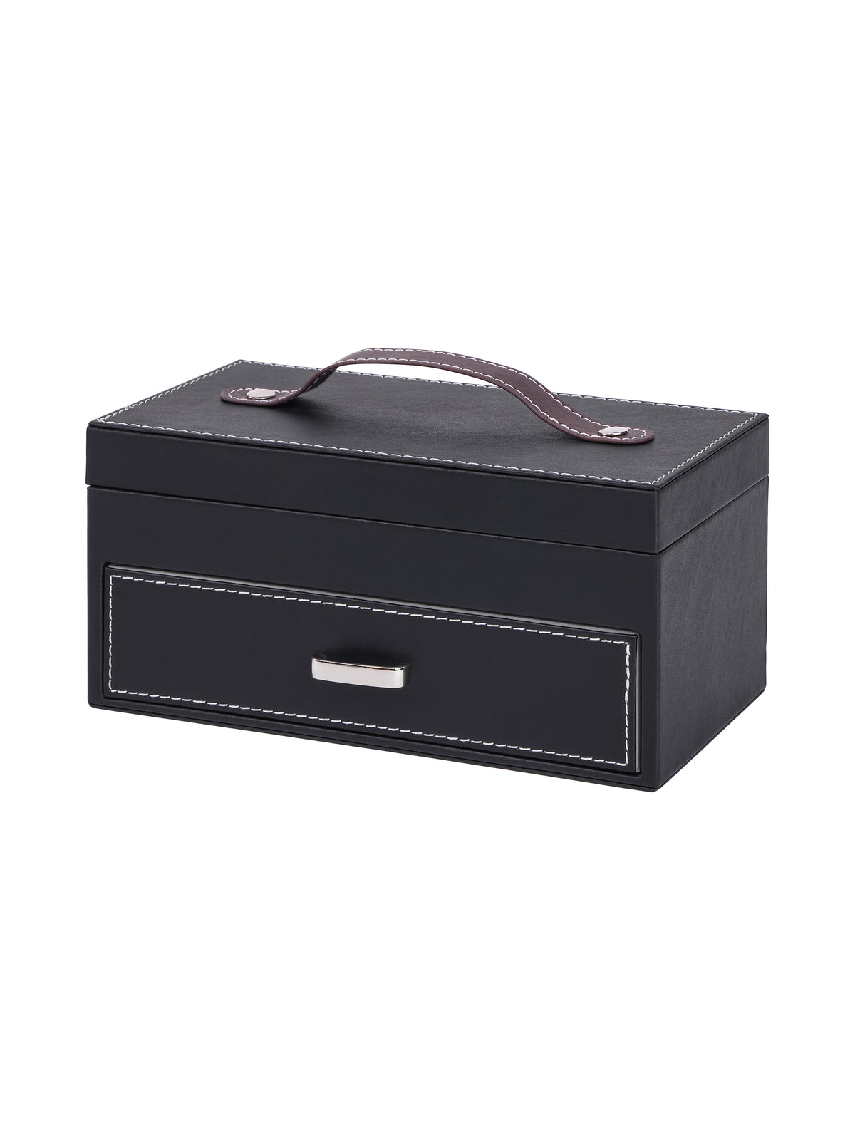 Closed black poker set case viewed from the front and right, with pale contrast stitching, a brown top handle and a polished metal drawer pull.