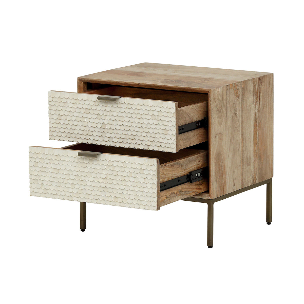 Cartouche bedside table with both drawers open, showing wood-toned interiors and dark metal runners.