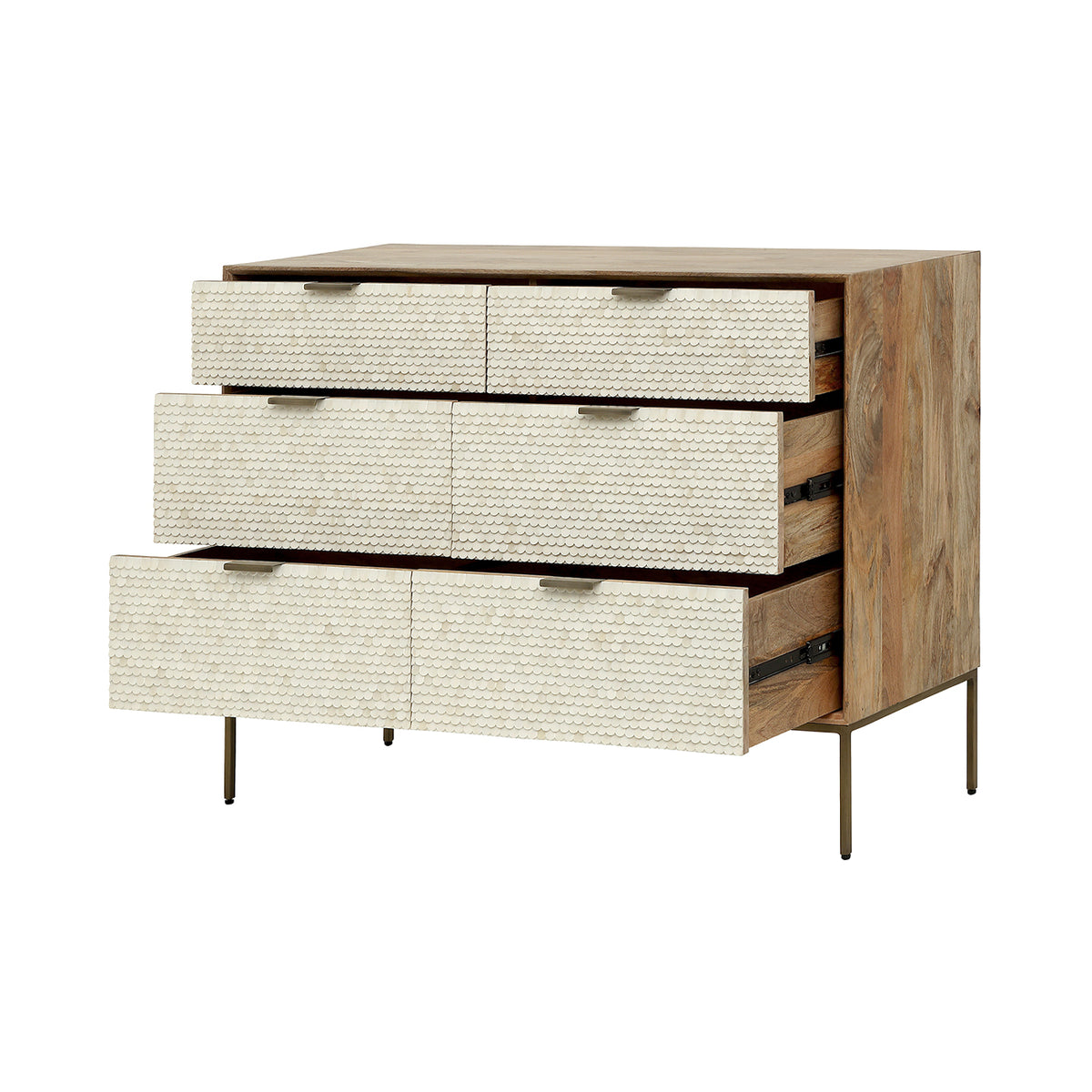Cartouche chest with drawers pulled open, showing wood-toned interiors and metal runners behind the cream scalloped fronts.