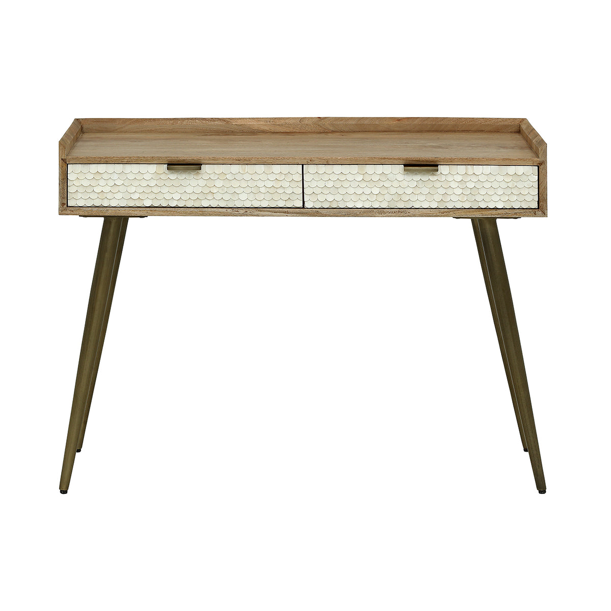 Front view of the desk showing two cream scalloped drawers, central rectangular pulls and a raised desktop border.