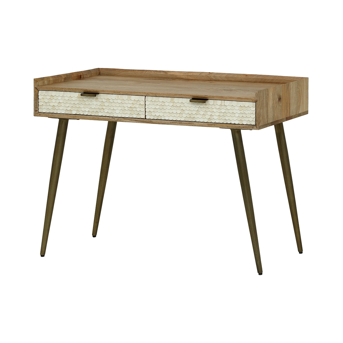 Three-quarter view of the Cartouche Desk with light wood frame, cream scalloped drawer fronts and four slim angled legs.